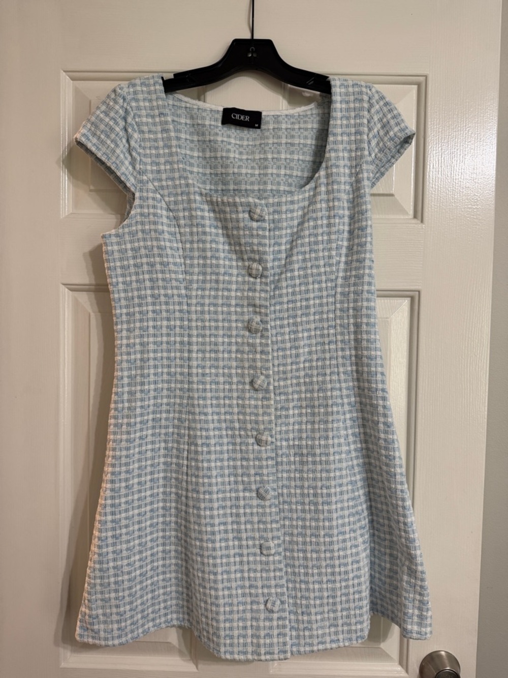 Cider Light Blue Tweed Button-Front A-Line Dress